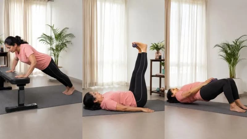 Abs kaise banaye: yoga mat par forearm plank karti hui Indian woman