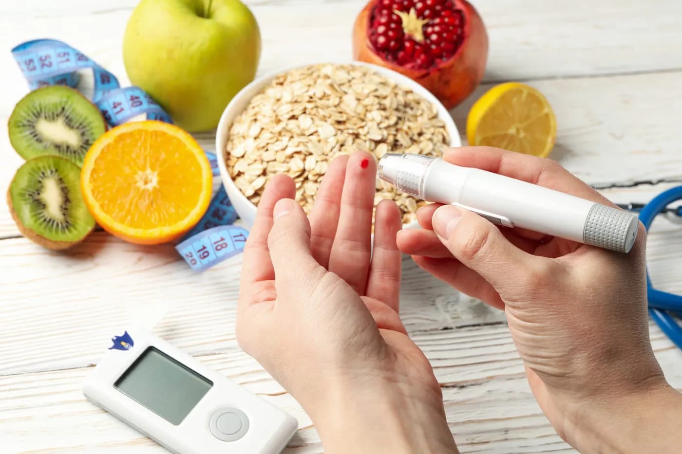 Checking blood sugar level with fresh food