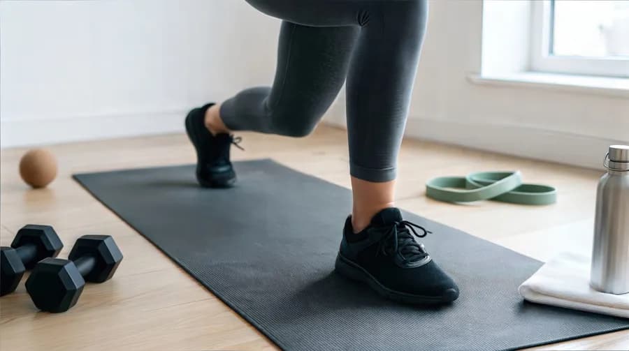 Close-up of a person performing lunges on an exercise mat during a daily home workout