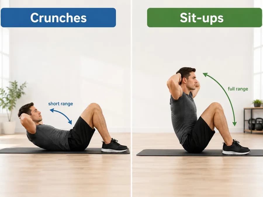 Woman focused during core training comparing crunch and sit-up form