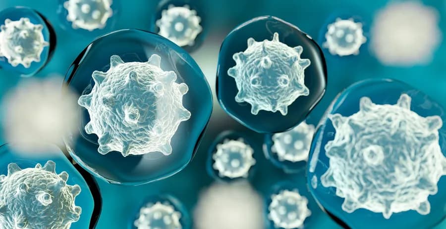 Close-up view of white blood cells against a blue background